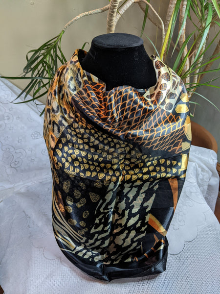 Colorful silky scarves made of 100% polyester, can be worn for any occasion.  Measurement: 40 inches x 40 inches