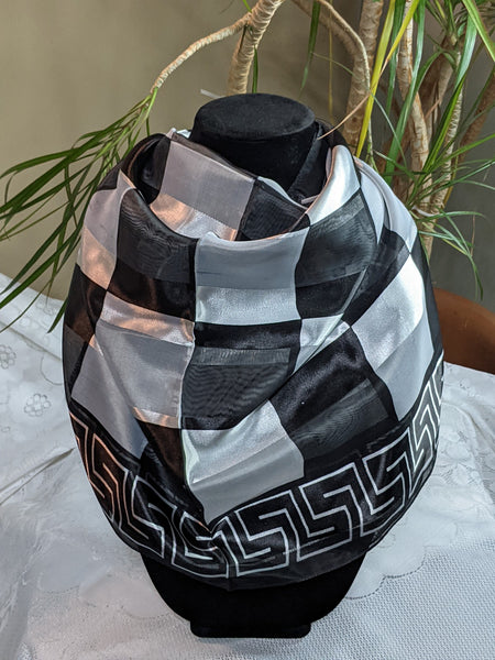 Colorful silky scarves made of 100% polyester, can be worn for any occasion.  Measurement: 40 inches x 40 inches