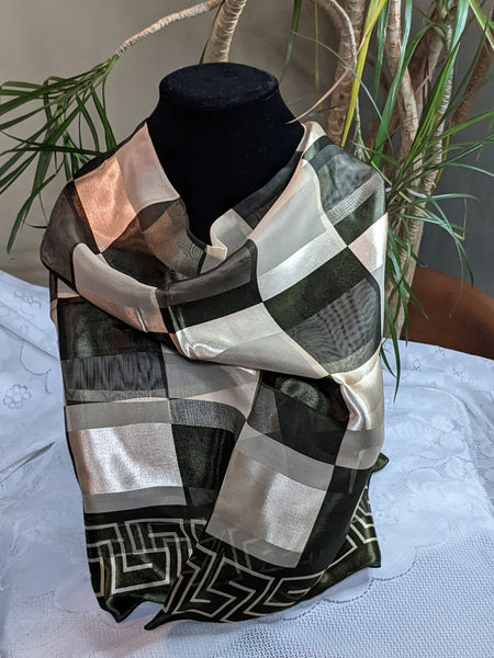 Colorful silky scarves made of 100% polyester, can be worn for any occasion.  Measurement: 40 inches x 40 inches