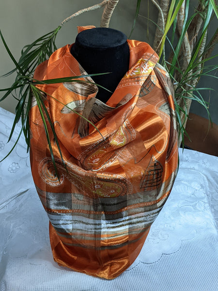 Colorful silky scarves made of 100% polyester, can be worn for any occasion.  Measurement: 40 inches x 40 inches