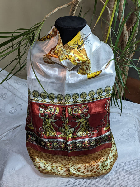 Colorful silky scarves made of 100% polyester, can be worn for any occasion.  Measurement: 40 inches x 40 inches