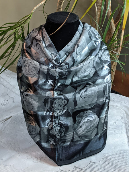 Colorful silky scarves made of 100% polyester, can be worn for any occasion.  Measurement: 40 inches x 40 inches