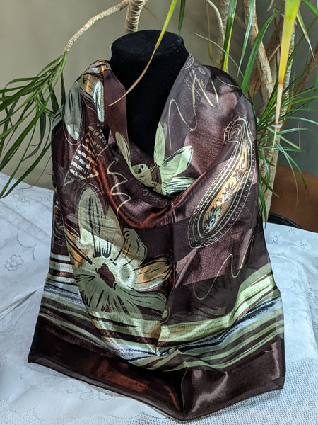 Colorful silky scarves made of 100% polyester, can be worn for any occasion.  Measurement: 40 inches x 40 inches