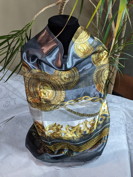 Colorful silky scarves made of 100% polyester, can be worn for any occasion.  Measurement: 40 inches x 40 inches