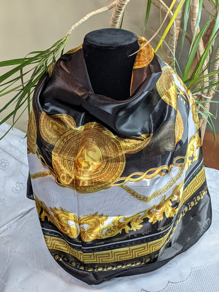 Colorful silky scarves made of 100% polyester, can be worn for any occasion.  Measurement: 40 inches x 40 inches