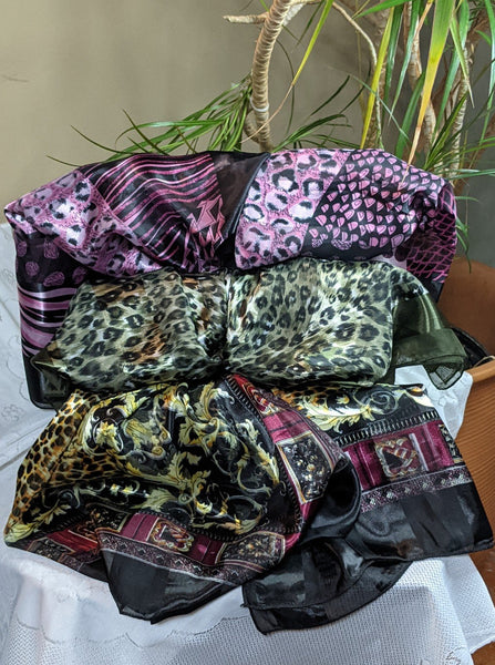 Colorful silky scarves made of 100% polyester, can be worn for any occasion.  Measurement: 40 inches x 40 inches
