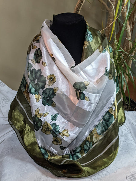 Colorful silky scarves made of 100% polyester, can be worn for any occasion.  Measurement: 40 inches x 40 inches