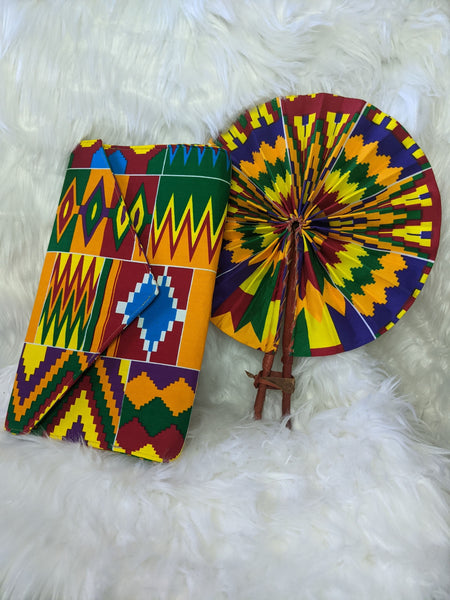 Colorful Ankara Fabric foldable hand fan with leather handles with matching bag