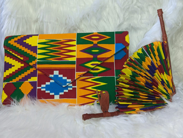 Colorful Ankara Fabric foldable hand fan with leather handles with matching bag