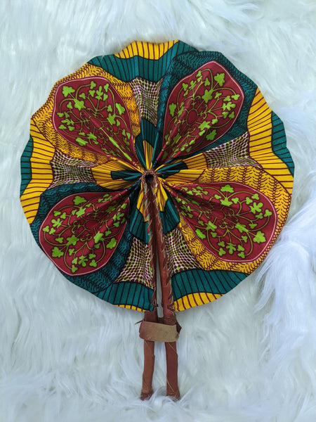 Colorful Ankara Fabric foldable hand fan with leather handles