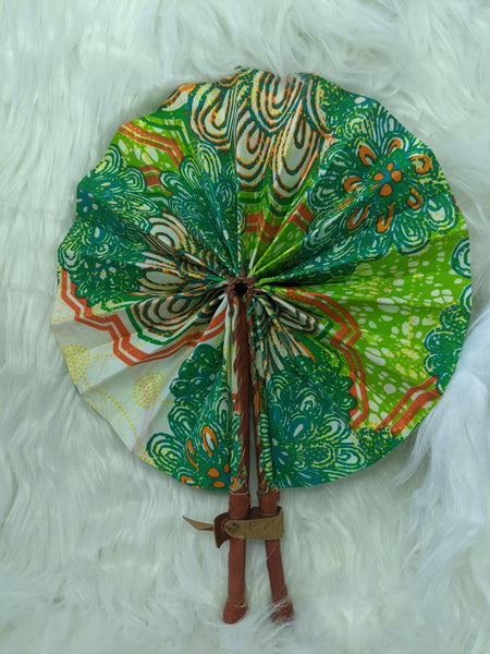 Colorful Ankara Fabric foldable hand fan with leather handles