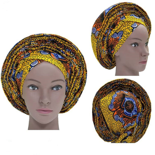Colorful Pre-Made easy pre-tied African Ankara cotton material Headwrap Gele gold yellow orange blue