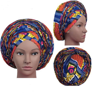 Colorful Pre-Made easy pre-tied African Ankara cotton material Headwrap Gele red blue orange gold white