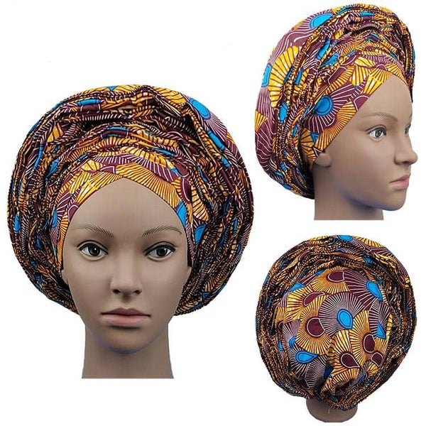 Colorful Pre-Made easy pre-tied African Ankara cotton material Headwrap Gele gold orange sky blue burgundy