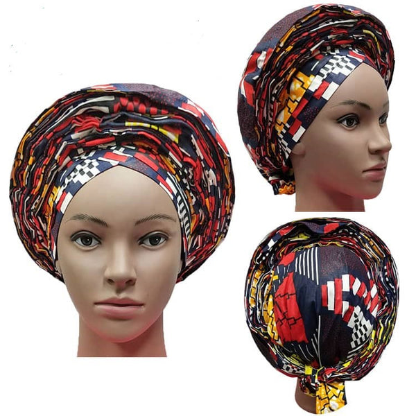 Colorful Pre-Made easy pre-tied African Ankara cotton material Headwrap Gele black white red gold yellow