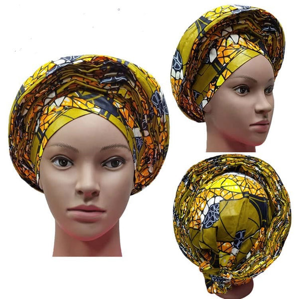Colorful Pre-Made easy pre-tied African Ankara cotton material Headwrap Gele lime olive green orange black white
