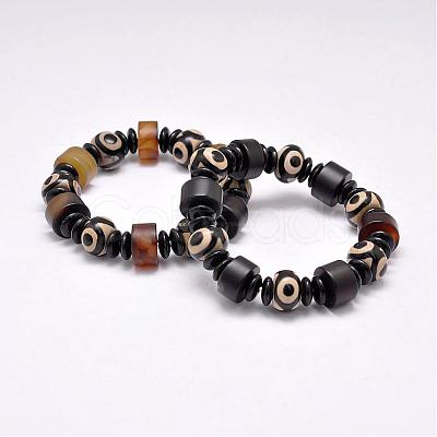 Natural & Dyed Agate Beads Stretch Bracelets, Tibetan Style dZi Beads Bracelets, with Acrylic Spacer Beads, Mixed Color Size: about 2-1/8"~2-3/8"(55~60mm) inner diameter, beads: 10~16x4~12mm.