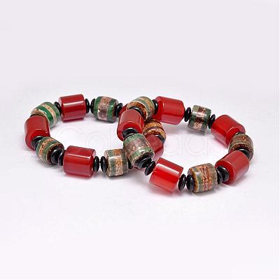 Natural & Dyed Agate Beads Stretch Bracelets, Tibetan Style dZi Beads Bracelets, with Acrylic Spacer Beads, Colorful Size: about 2-1/8"~2-1/2"(55~65mm) inner diameter, beads: 10~16x4~16mm.