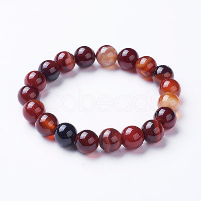 Natural Striped Agate/Banded Agate Beaded Stretch Unisex Bracelets, Dyed, Round, Coconut Brown Size: about 2-1/8"(53mm) inner diameter; Beads: about 10~10.5mm; 19pcs/strand.