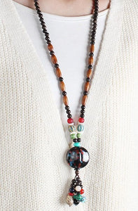 Vintage Handmade Nepal Mala Wood Beads Pendant and Necklace