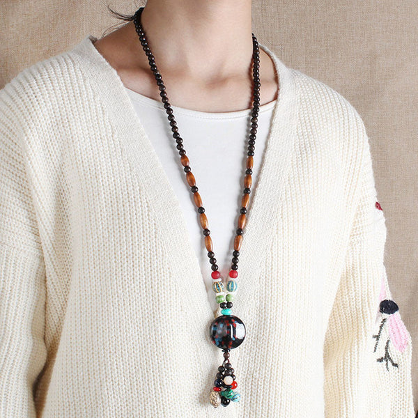 Vintage Handmade Nepal Mala Wood Beads Pendant and Necklace