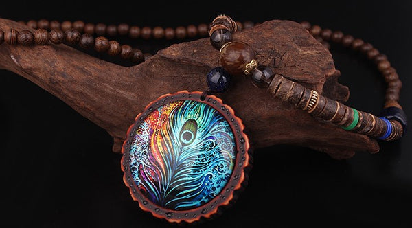 Vintage Handmade Nepal Mala Wood Beads Pendant and Necklace