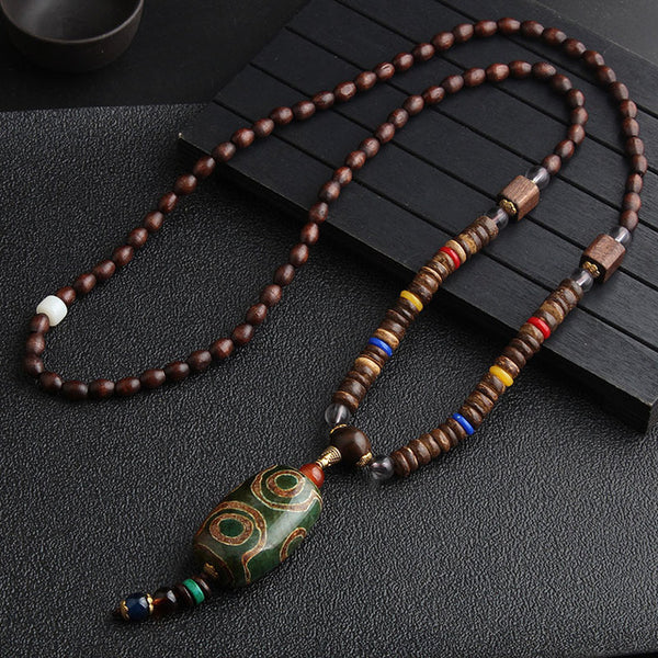 Vintage Handmade Nepal Mala Wood Beads Pendant and Necklace