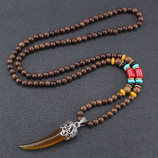 Vintage Handmade Nepal Mala Wood Beads Pendant and Necklace