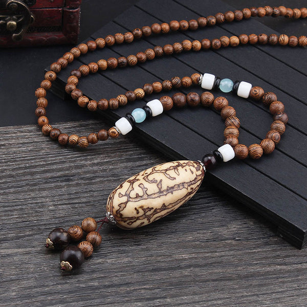 Vintage Handmade Nepal Mala Wood Beads Pendant and Necklace