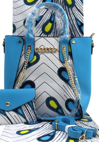 Ankara Cotton fabric with synthetic leather gold color chain handle hand bag pocketbook with matching face mask, wallet, head tie, head wrap and shawl sold separately sky blue yellow white black