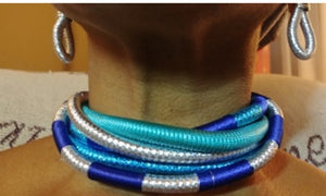 Blue Silver multilayer fabric choker jewelry set