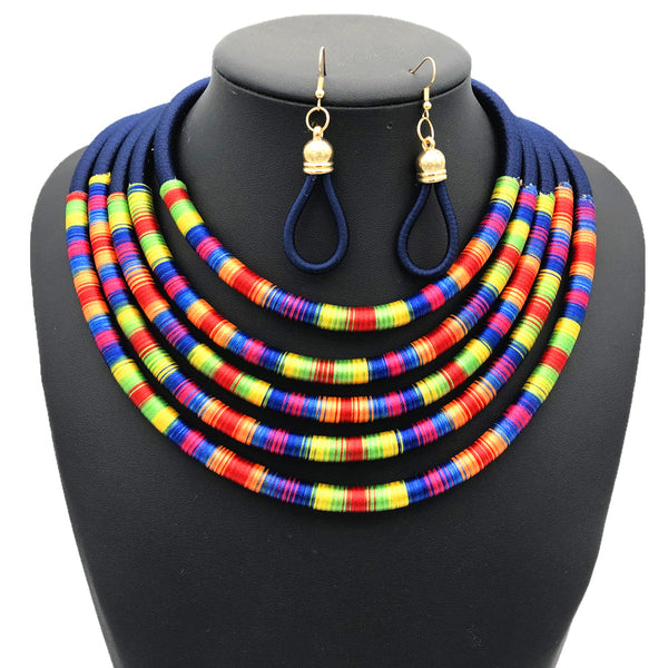 Blue multilayer colorful fabric choker jewelry set