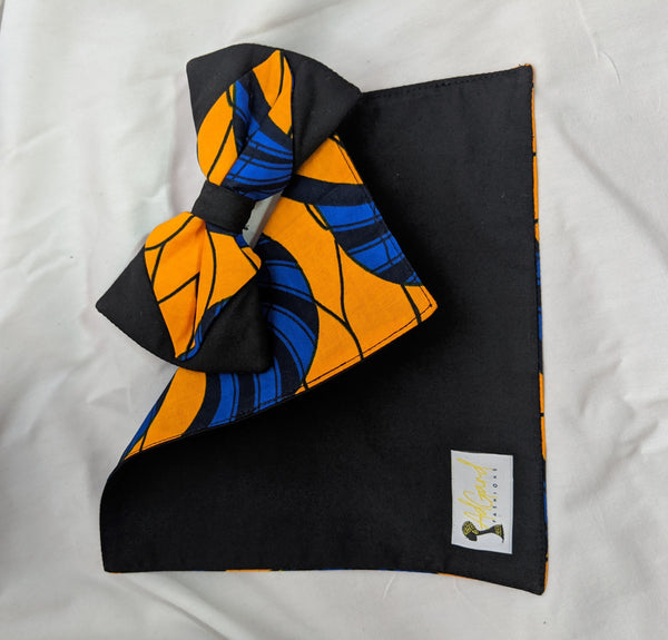 Blue Gold Black 3 African Ankara cotton fabric pretied clip on bowtie with handkerchief 