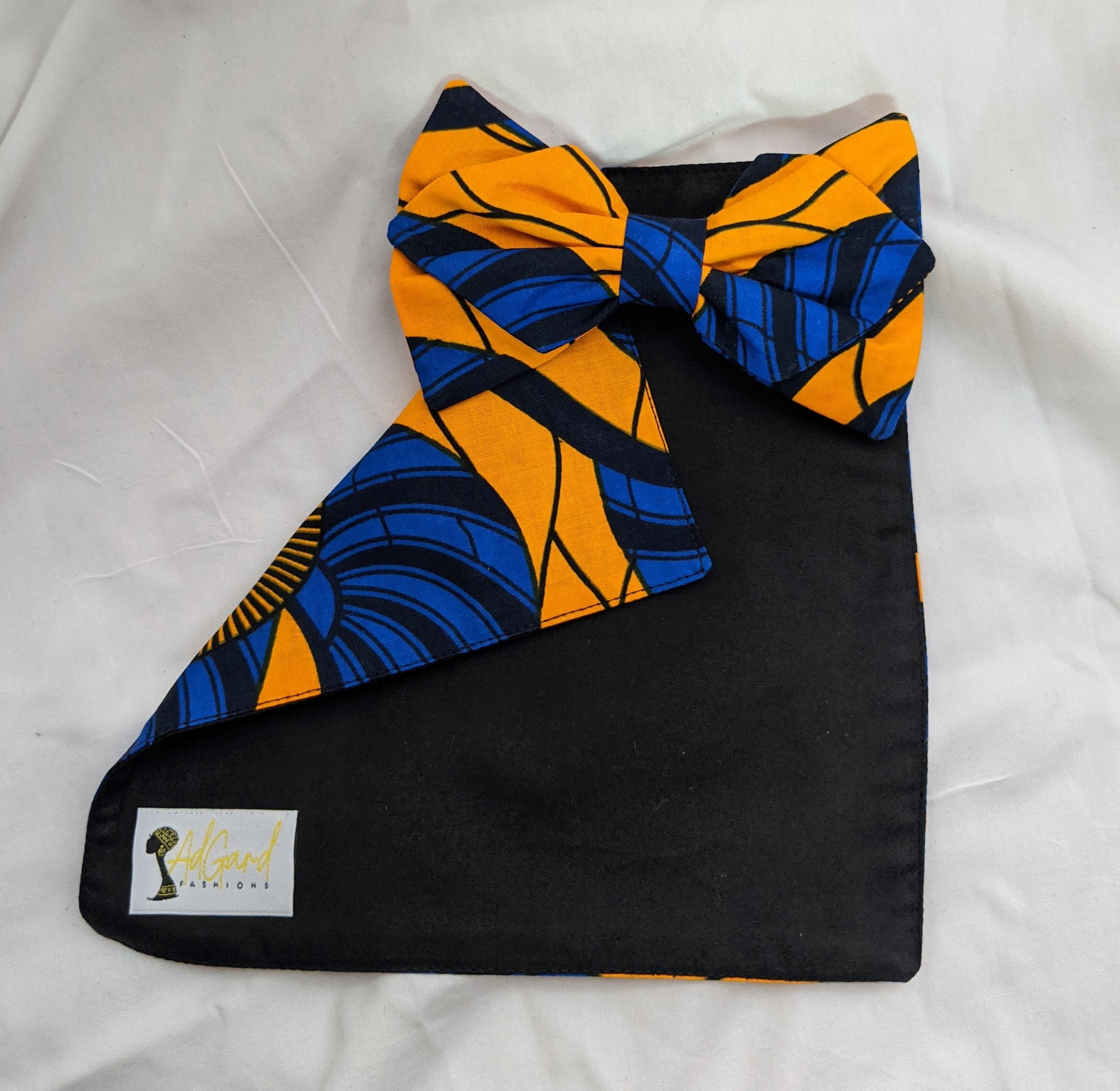 Blue Gold Black 4 African Ankara cotton fabric pretied clip on bowtie with handkerchief