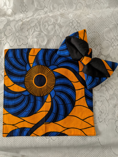 Blue Gold Black 1 African Ankara cotton fabric pretied clip on bowtie with handkerchief 