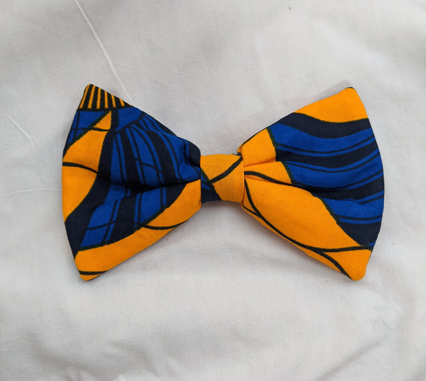 Blue Gold Black 1 African Ankara cotton fabric pretied clip on bowtie 