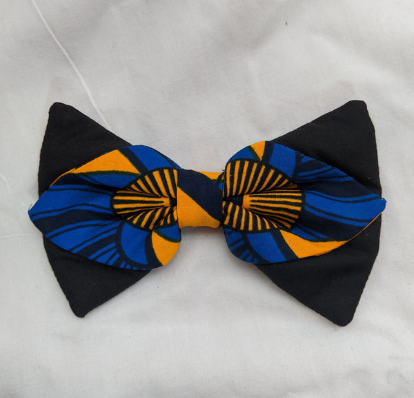 Blue Gold Black 2 African Ankara cotton fabric pretied clip on bowtie