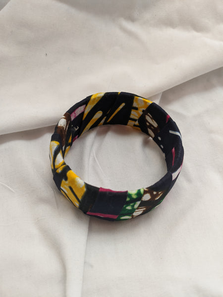 Colorful wide band Ankara cotton wrapped Fabric design yellow gold black white pink bracelet bangle