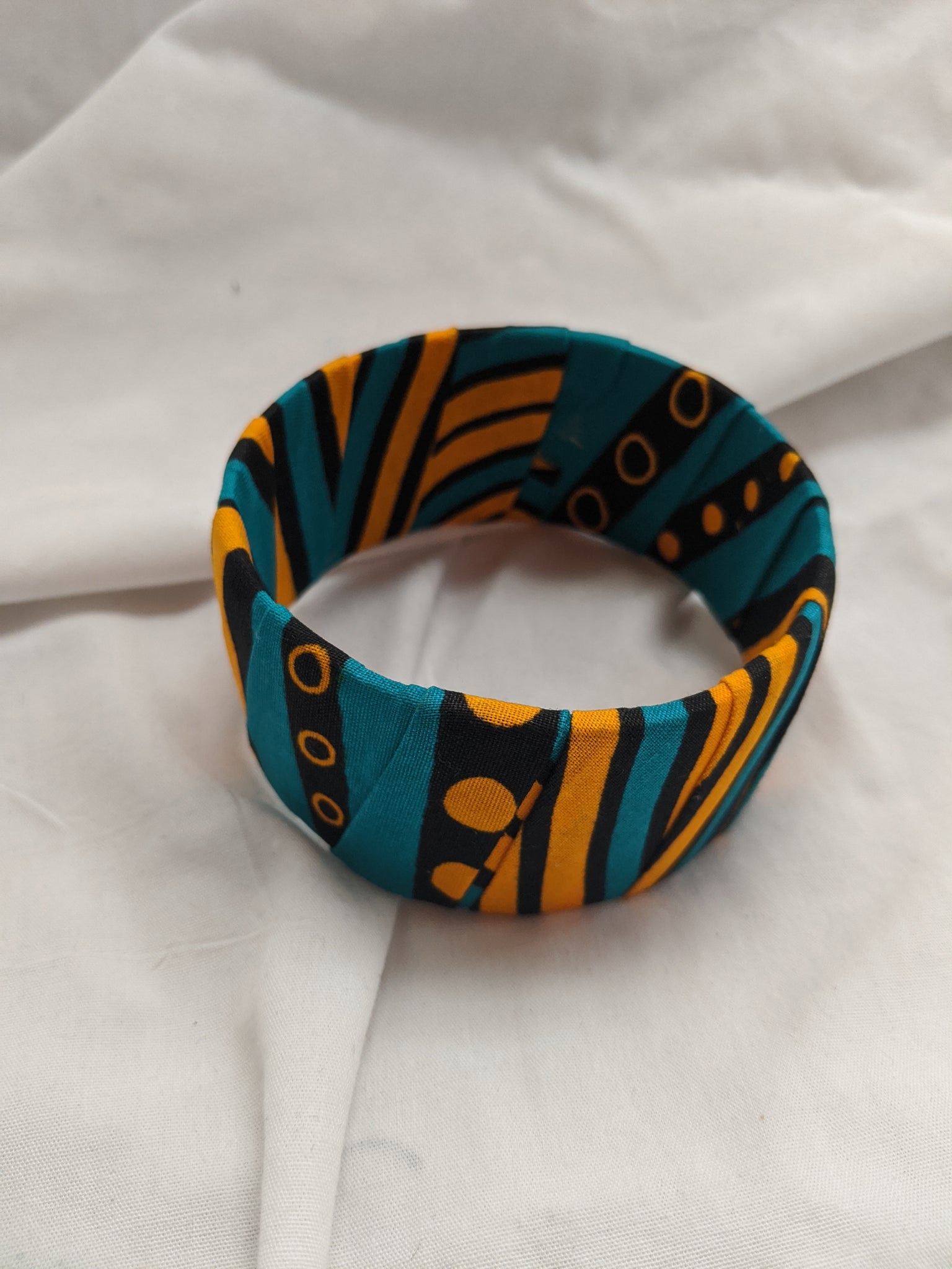 Colorful wide band Ankara cotton wrapped Fabric design yellow gold turquoise bracelet bangle