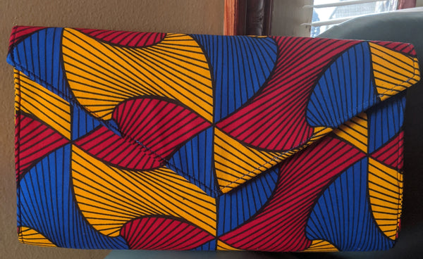 Blue Gold Red black African Print Ankara cotton Fabric material Clutch bag. Matching earrings, bracelet and necklace sold separately. 