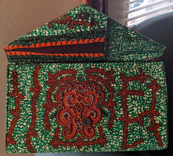 Green Burnt Orange African Print Ankara cotton Fabric material Clutch bag. Matching earrings, bracelet and necklace sold separately. 