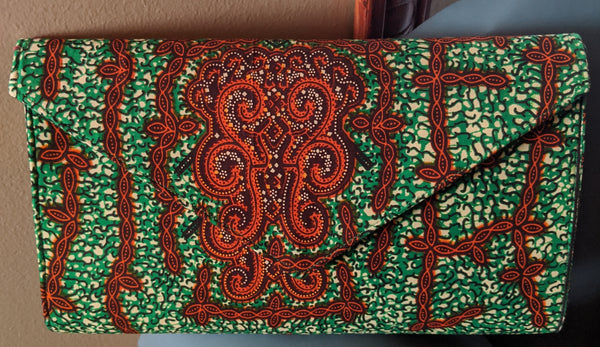 Green Burnt Orange African Print Ankara cotton Fabric material Clutch bag. Matching earrings, bracelet and necklace sold separately. 