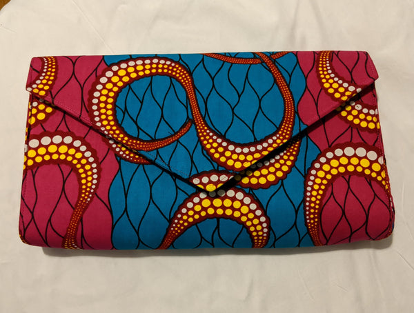 Hot Pink Blue white yellow gold African Print Ankara cotton Fabric material Clutch bag. Matching earrings, bracelet and necklace sold separately.  