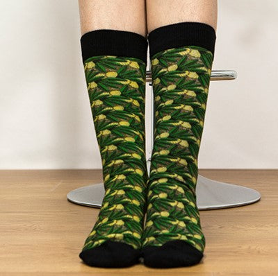 Unisex male female colorful cotton lycra good quality fabric green yellow black tropical leaves design socks