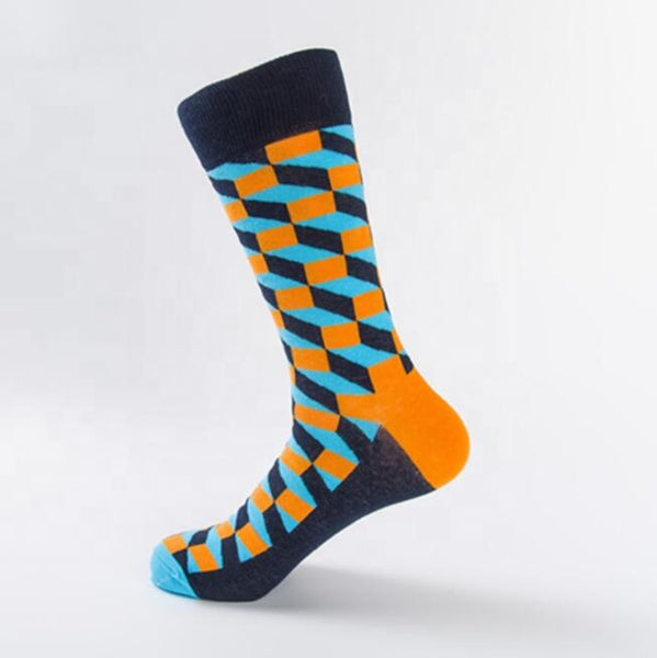 Unisex male female colorful cotton lycra good quality fabric navy blue sky blue orange design socks