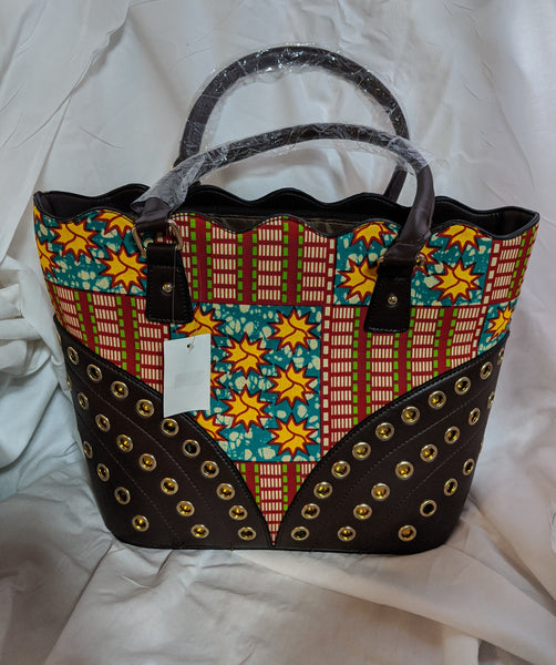 Ankara Cotton fabric synthetic leather handle gold circle metal hand bag pocketbook red green gold yellow brown white blue