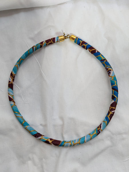 African Print Ankara cotton Fabric wrap material necklace blue gold white  