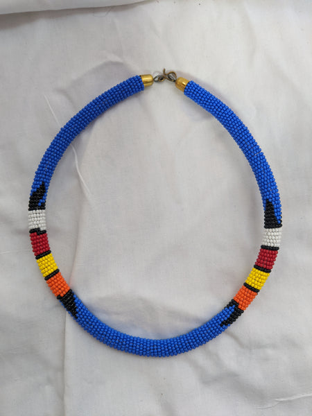 African Maasai beaded necklace blue red yellow gold orange black