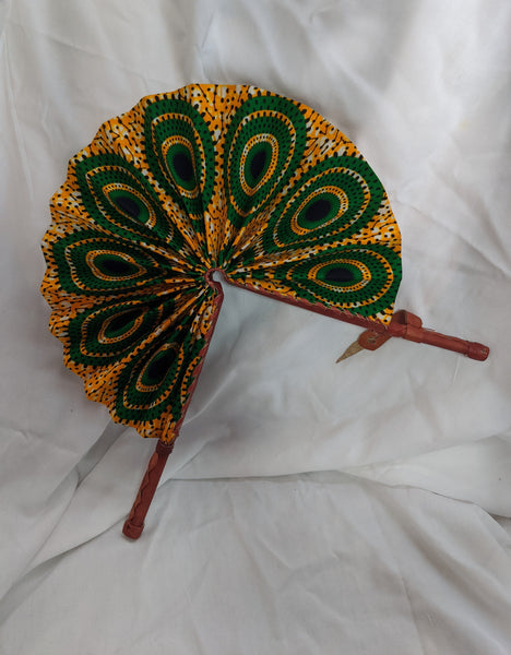 Colorful Ankara Fabric foldable hand fan with leather handles 1.1 green gold orange black white