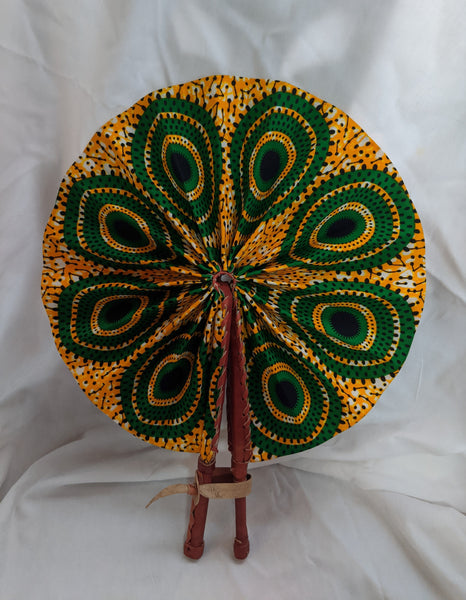 Colorful Ankara Fabric foldable hand fan with leather handles 1 gold orange black white green